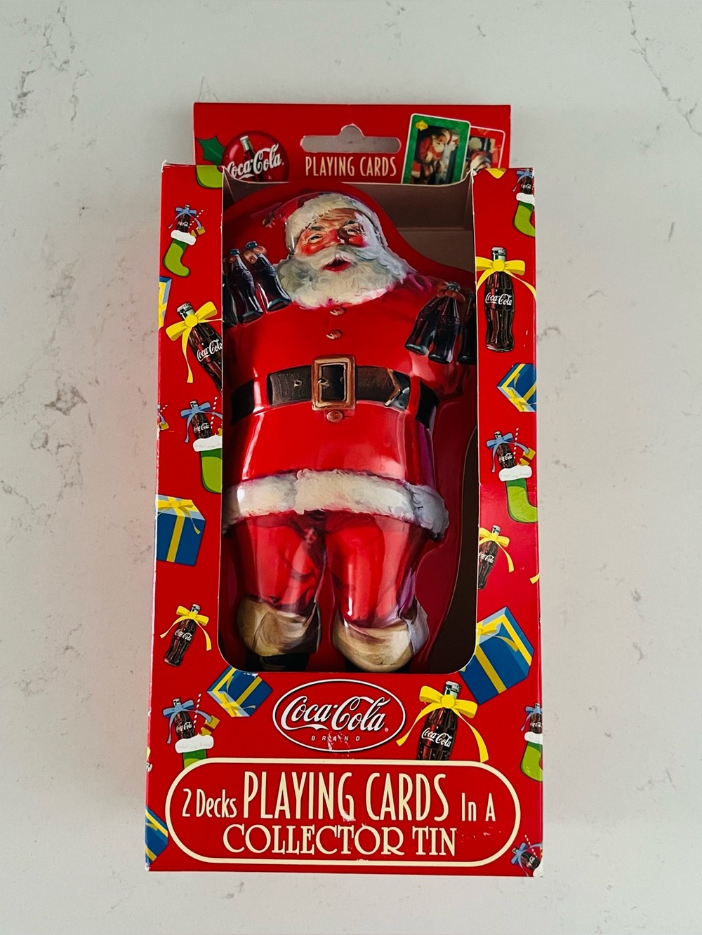 COCA-COLA NIB Santa Collector Tin with 2 Decks of Bicycle Playing Cards